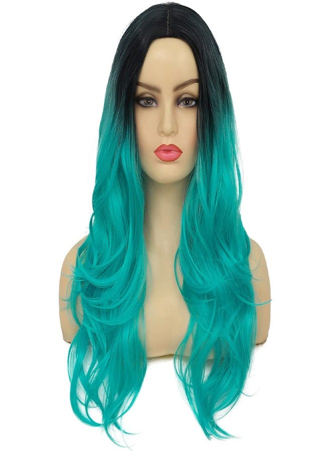 Swiking Curly Ombre Bluish Green Wigs for Women Long Wavy Natural Middle Part Dark Roots Blue Wave Hair Wigs Synthetic Wig for Party Cospaly Halloween - Image 2